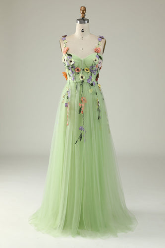 Green A Line Tulle Prom Dress with Appliques