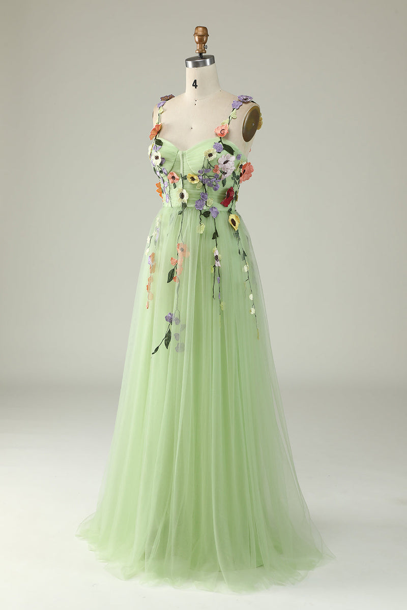 Load image into Gallery viewer, Green A Line Tulle Prom Dress with Appliques