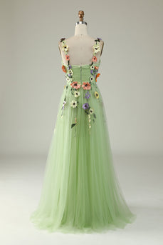 Green A Line Tulle Prom Dress with Appliques