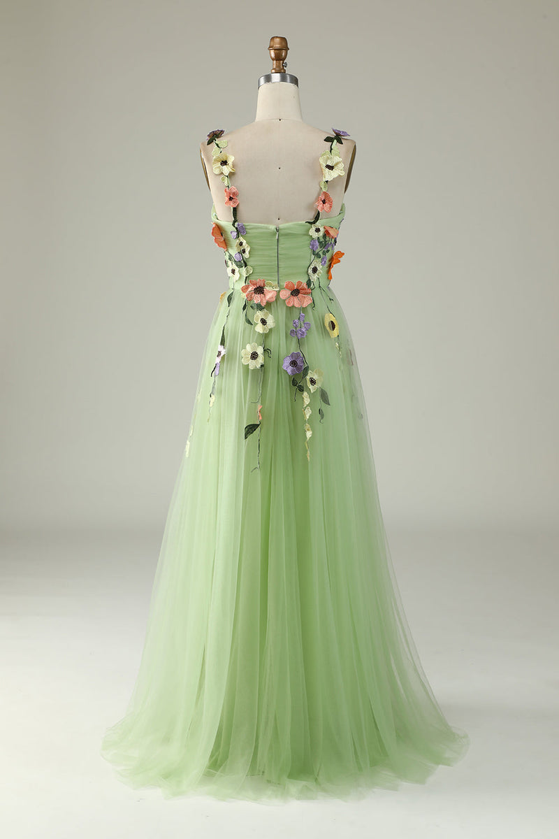Load image into Gallery viewer, Green A Line Tulle Prom Dress with Appliques