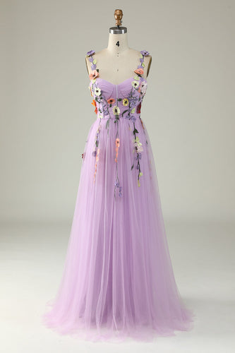 Purple A Line Tulle Prom Dress with Appliques