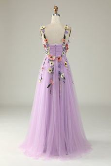 Purple A Line Tulle Prom Dress with Appliques