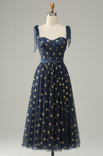 A-Line Navy Tea-Length Tulle Prom Dress with Stars