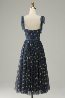 A-Line Navy Tea-Length Tulle Prom Dress with Stars