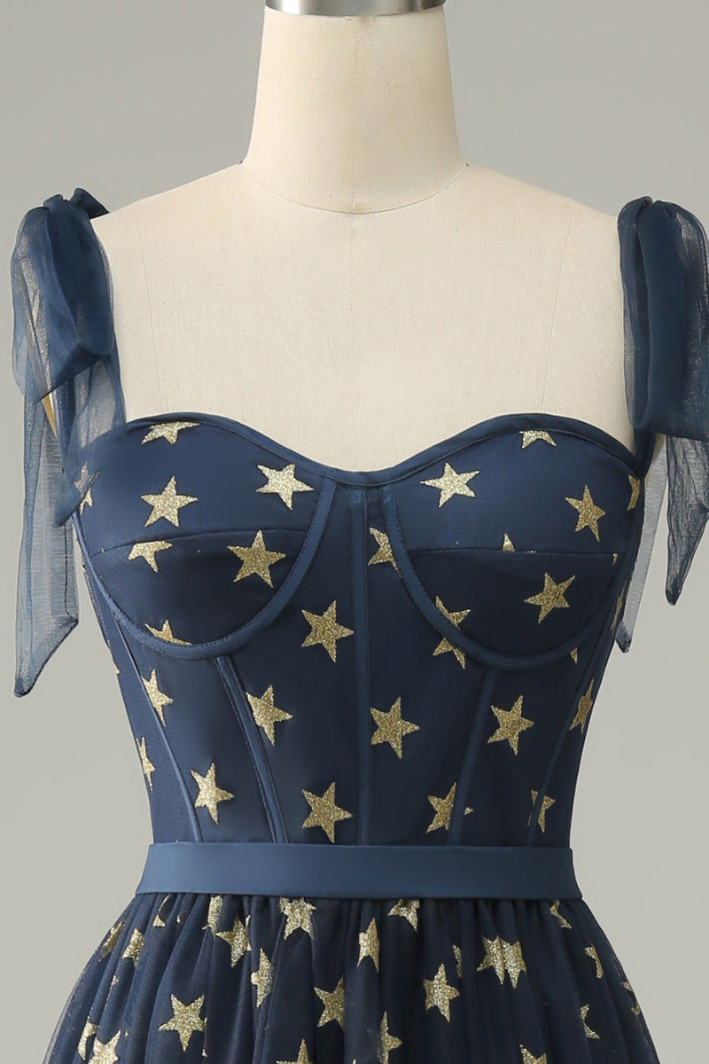 Load image into Gallery viewer, A-Line Navy Tea-Length Tulle Prom Dress with Stars