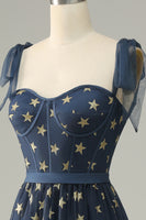 Load image into Gallery viewer, A-Line Navy Tea-Length Tulle Prom Dress with Stars