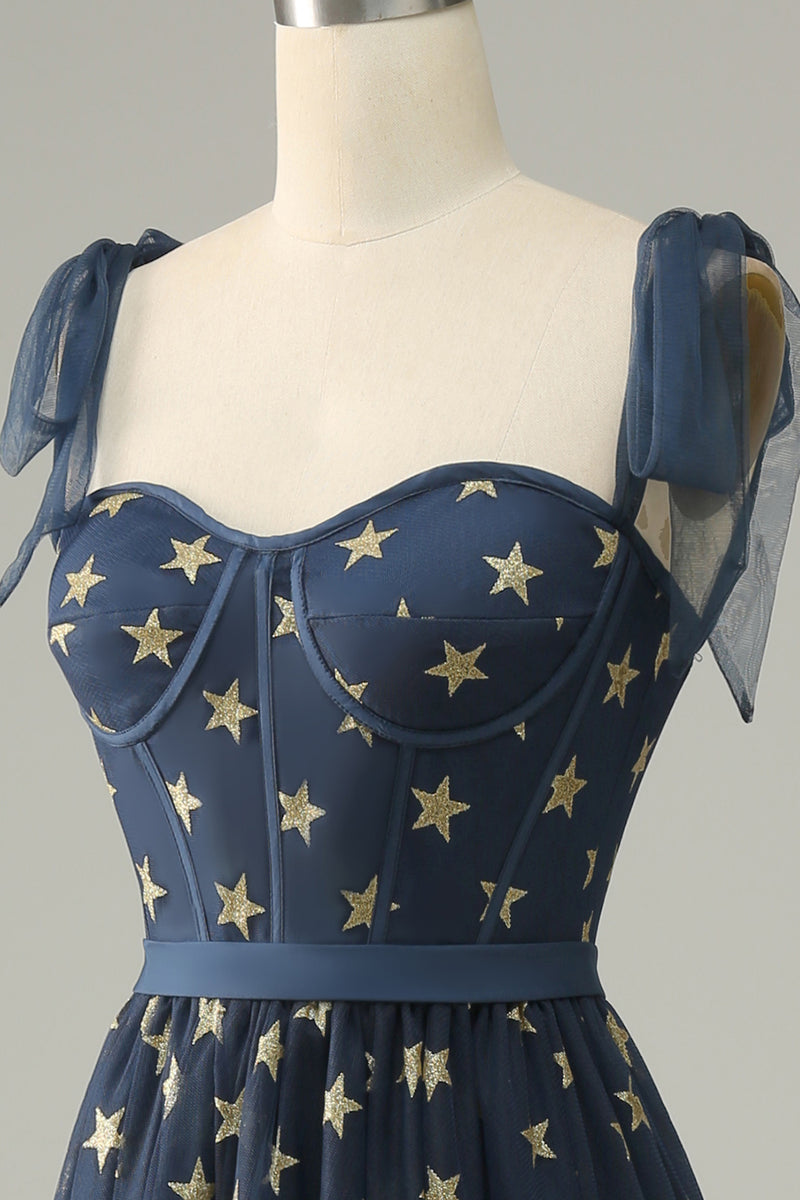 Load image into Gallery viewer, A-Line Navy Tea-Length Tulle Prom Dress with Stars