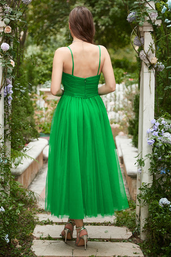 Green Tulle A Line Midi Prom Dress with Ruffles