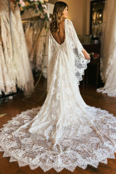 Ivory Long Sleeve Cape Lace Mermaid Wedding Dress with Appliques