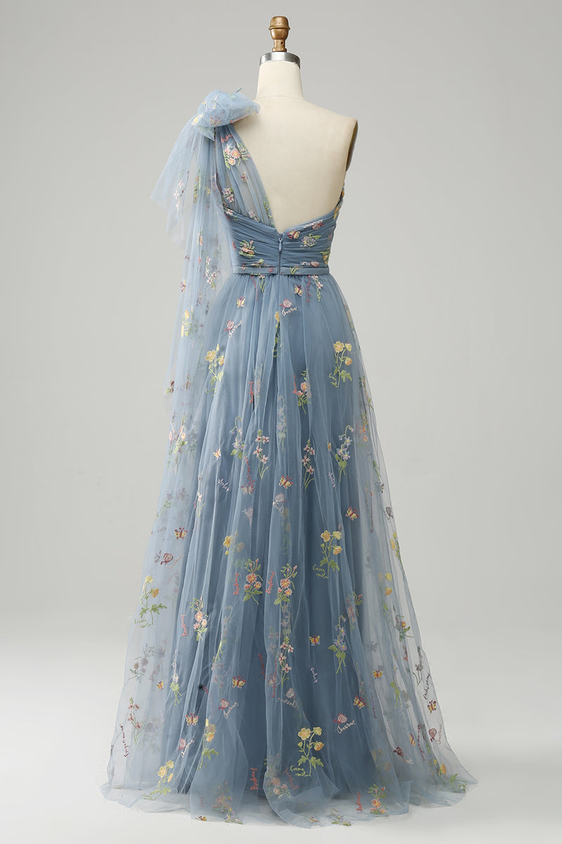 Load image into Gallery viewer, Grey Blue A-Line One Shoulder Prom Dress With Embroidery
