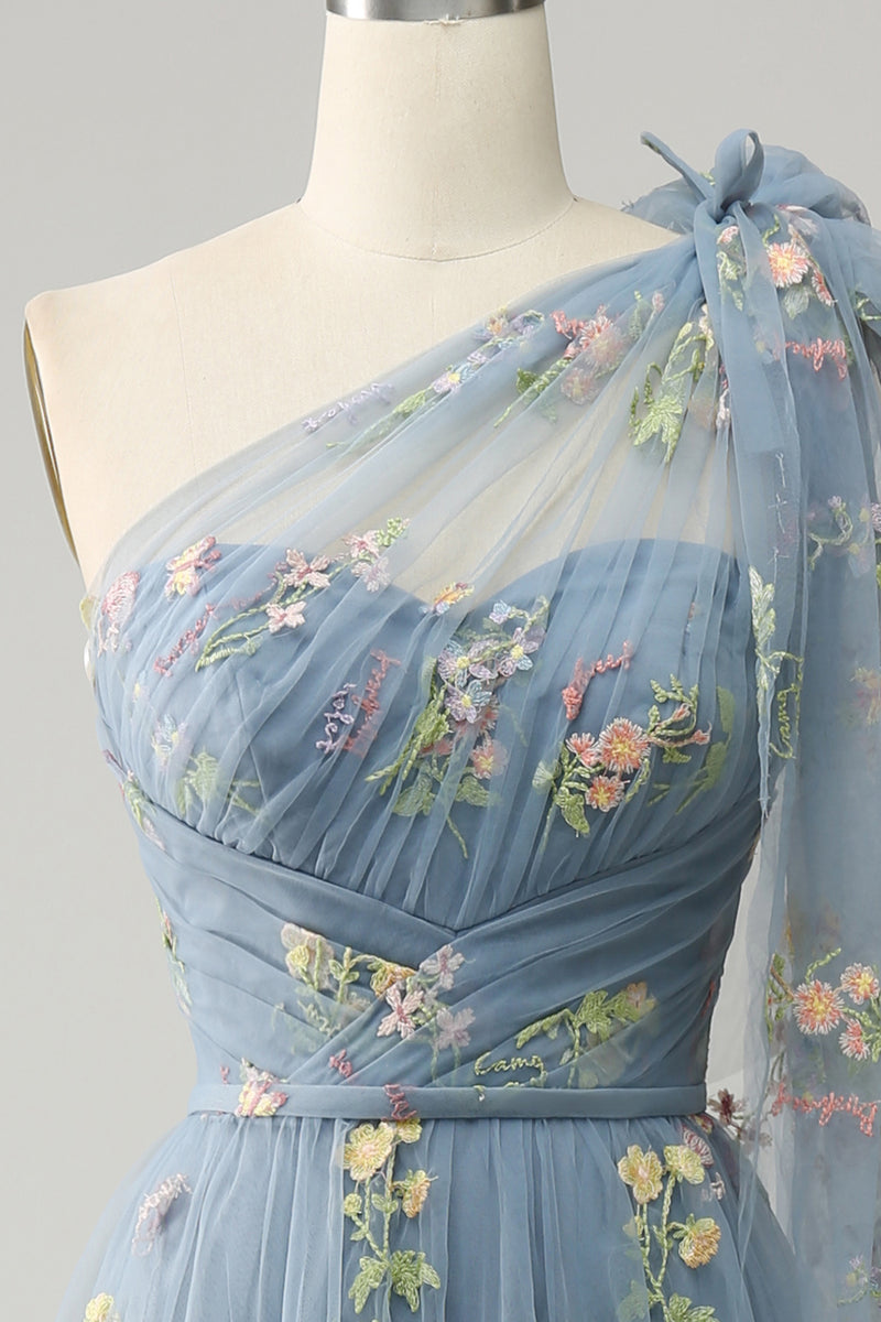 Load image into Gallery viewer, Grey Blue A-Line One Shoulder Prom Dress With Embroidery