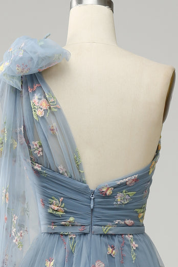 Grey Blue A-Line One Shoulder Prom Dress With Embroidery
