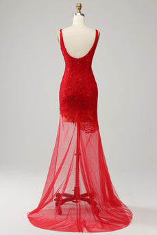 Red Sequin V Neck Mermaid Prom Dress