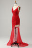 Load image into Gallery viewer, Red Sequin V Neck Mermaid Prom Dress