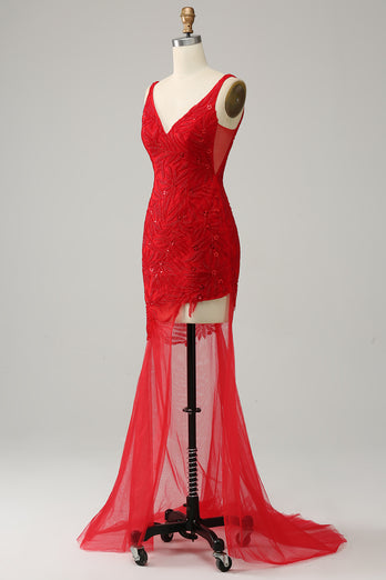 Red Sequin V Neck Mermaid Prom Dress
