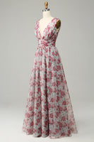 Load image into Gallery viewer, Grey and Pink Floral A Line Long Prom Dress