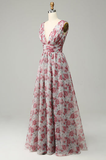 Grey and Pink Floral A Line Long Prom Dress