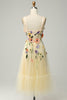Load image into Gallery viewer, A Line Spaghetti Straps Champagne Tea Length Prom Dress with Appliques