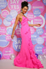 Load image into Gallery viewer, Hot Pink Sheath Ruffles Prom Dress with Slit