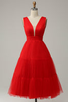 Load image into Gallery viewer, Red A Line Deep V Neck Midi Prom Dress with Open Back