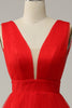 Load image into Gallery viewer, Red A Line Deep V Neck Midi Prom Dress with Open Back