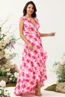 Load image into Gallery viewer, A Line V Neck Pink Flower Printed Long Bridesmaid Dress with Ruffles