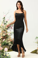 Load image into Gallery viewer, Sheath Spaghetti Straps Black Tea Length Prom Dress with Bowknot