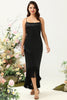 Load image into Gallery viewer, Sheath Spaghetti Straps Black Tea Length Prom Dress with Bowknot