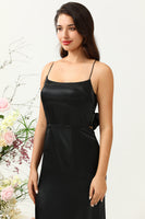 Load image into Gallery viewer, Sheath Spaghetti Straps Black Tea Length Prom Dress with Bowknot