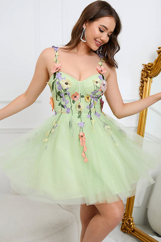 A Line Spaghetti Straps Green Short Prom Dress with Appliques