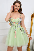Load image into Gallery viewer, A Line Spaghetti Straps Green Short Prom Dress with Appliques