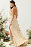 Load image into Gallery viewer, Spaghetti Straps Champagne Wedding Guest Dress with Slit