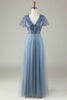 Load image into Gallery viewer, A Line V Neck Dusty Blue Long Bridesmaid Dress with Beading
