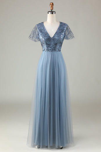 A-Line Dusty Blue Bridesmaid Dress with Beading