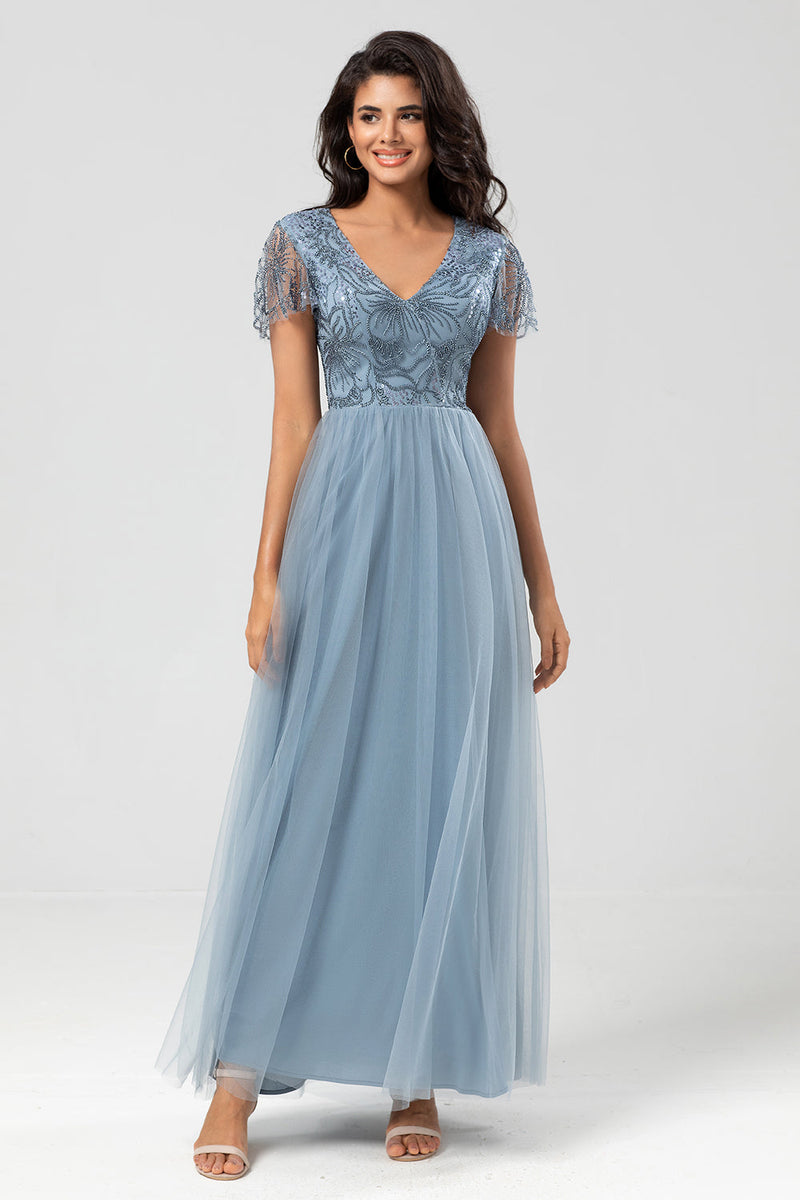 Load image into Gallery viewer, A Line V Neck Dusty Blue Long Bridesmaid Dress with Beading