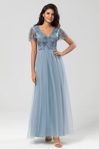 A Line V Neck Dusty Blue Long Bridesmaid Dress with Beading