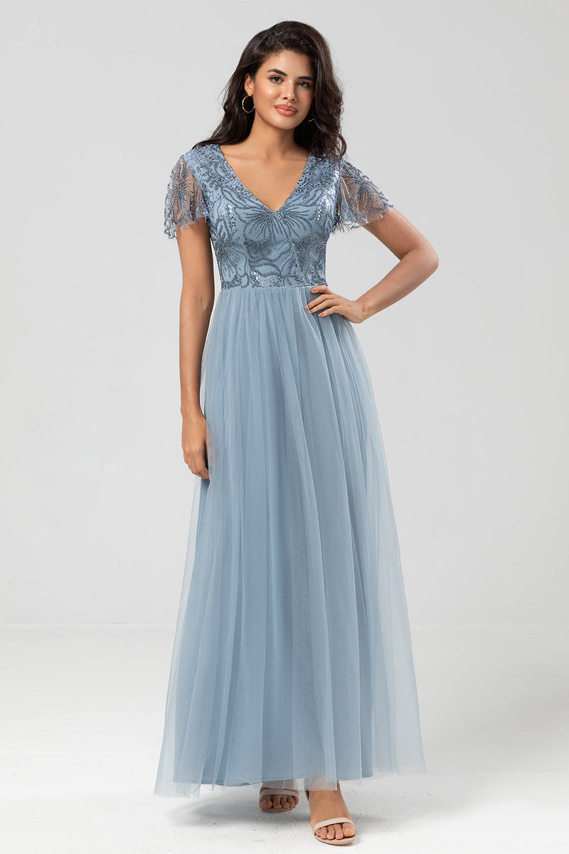 Load image into Gallery viewer, A Line V Neck Dusty Blue Long Bridesmaid Dress with Beading