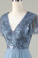 Load image into Gallery viewer, A-Line Dusty Blue Bridesmaid Dress with Beading