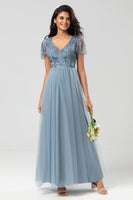 Load image into Gallery viewer, A Line V Neck Dusty Blue Long Bridesmaid Dress with Beading