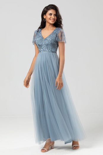 A Line V Neck Dusty Blue Long Bridesmaid Dress with Beading