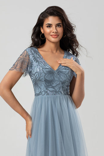 A Line V Neck Dusty Blue Long Bridesmaid Dress with Beading