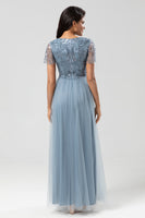 Load image into Gallery viewer, A Line V Neck Dusty Blue Long Bridesmaid Dress with Beading