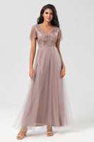 Load image into Gallery viewer, A Line V Neck Dusty Blue Long Bridesmaid Dress with Beading
