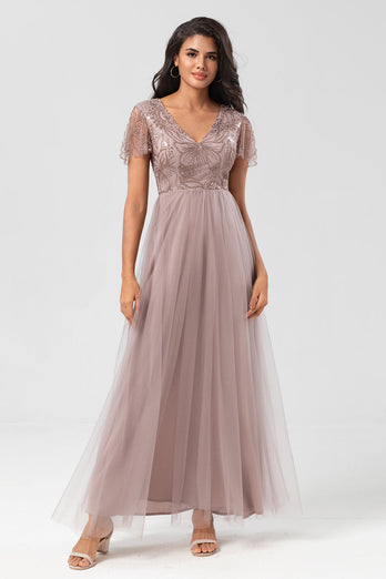 A Line V Neck Dusty Blue Long Bridesmaid Dress with Beading