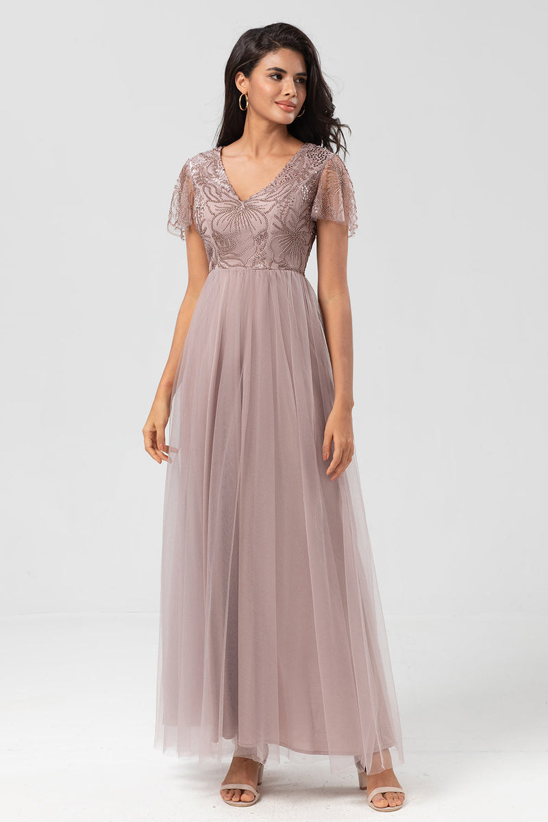 Load image into Gallery viewer, A Line V Neck Dusty Blue Long Bridesmaid Dress with Beading