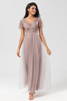 Load image into Gallery viewer, A Line V Neck Dusty Blue Long Bridesmaid Dress with Beading