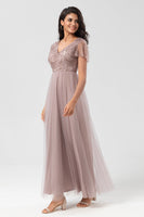 Load image into Gallery viewer, A Line V Neck Dusty Blue Long Bridesmaid Dress with Beading