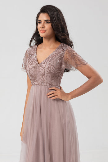 A Line V Neck Dusty Blue Long Bridesmaid Dress with Beading