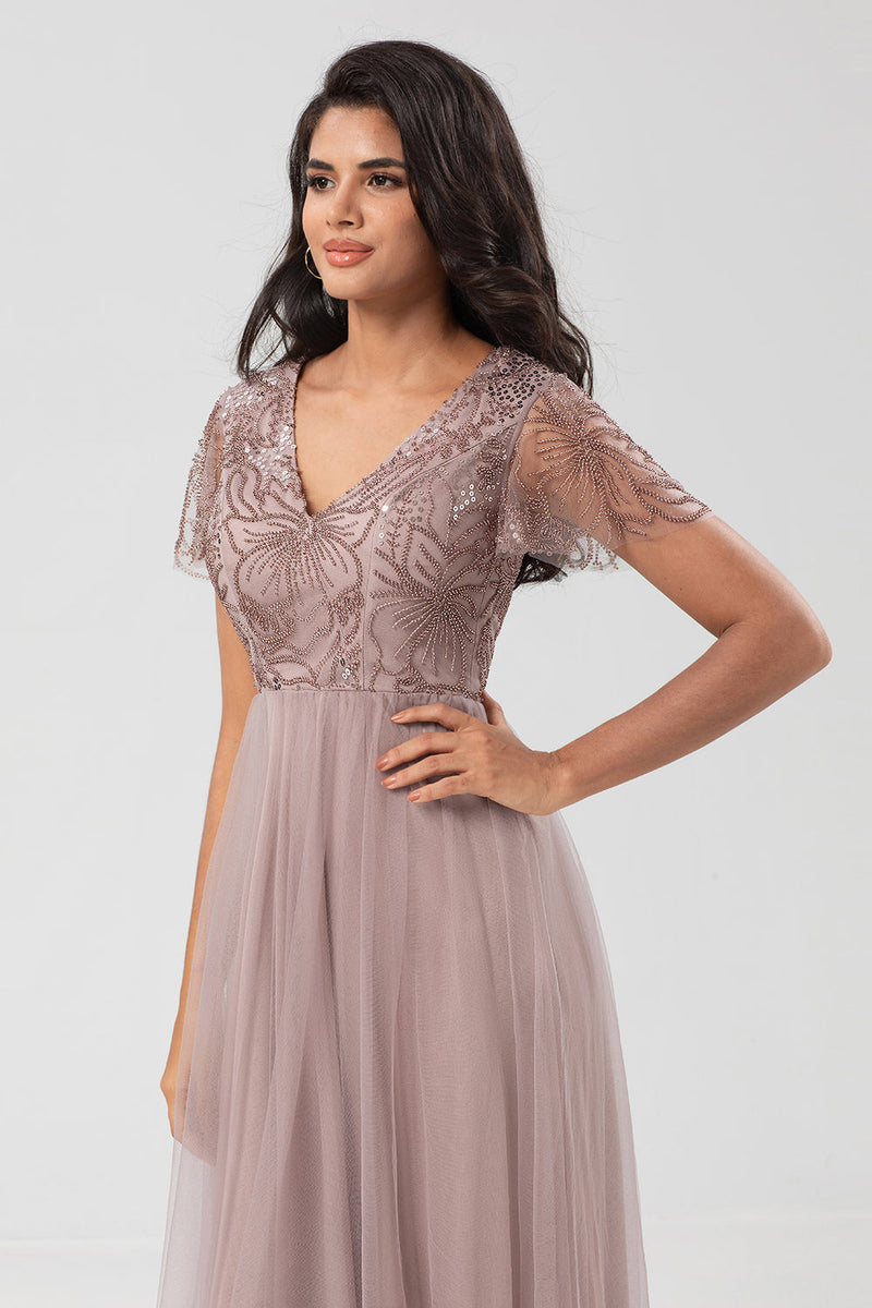 Load image into Gallery viewer, A Line V Neck Dusty Blue Long Bridesmaid Dress with Beading