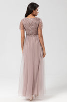 Load image into Gallery viewer, A Line V Neck Dusty Blue Long Bridesmaid Dress with Beading
